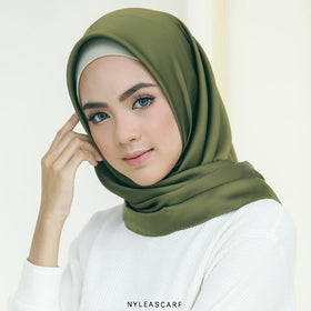 Musalmah Satin Square Shawl (Deep Olive) - Almaz Hijabi