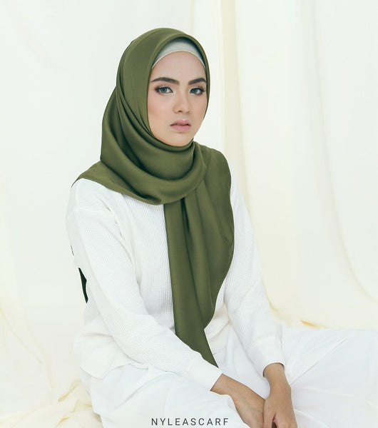 Musalmah Satin Square Shawl (Deep Olive) - Almaz Hijabi