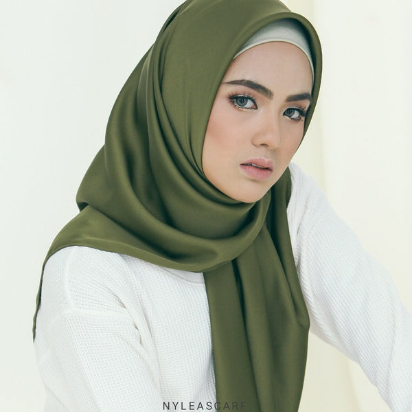 Musalmah Satin Square Shawl (Deep Olive) - Almaz Hijabi